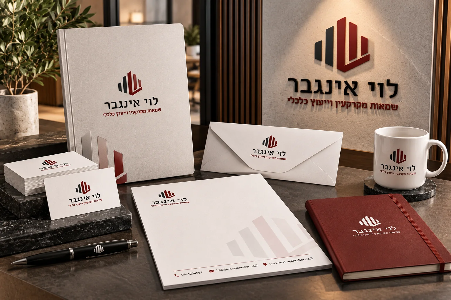הדמיית מיתוג ללוי אינגבר: ניירת, מעטפה, ספל ומחברת